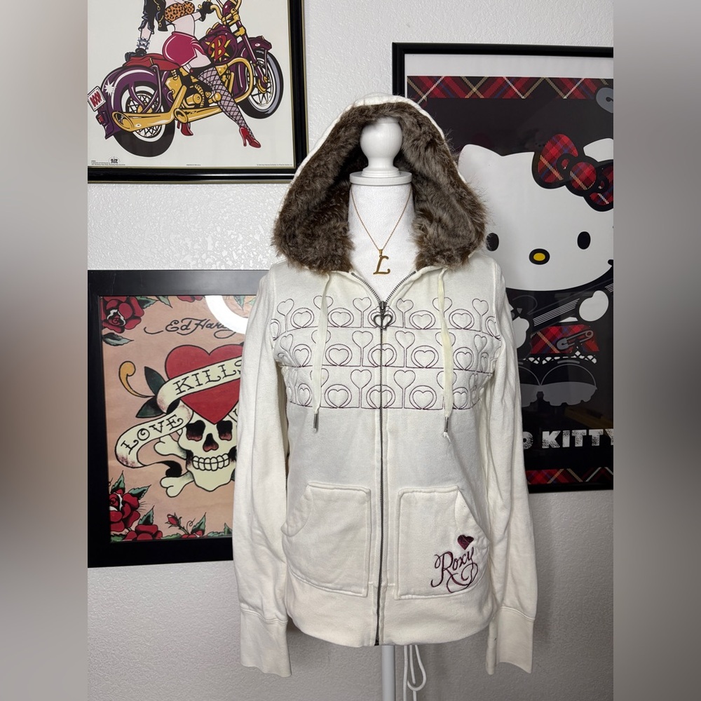 White Roxy Fur Lined Zip Up Sweater